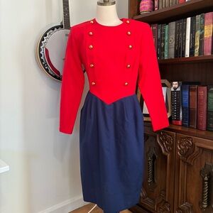 VTG 1980s Melisa Basque Waist Red Blue Gold Military Button Dress SZ VTG 10 Sm